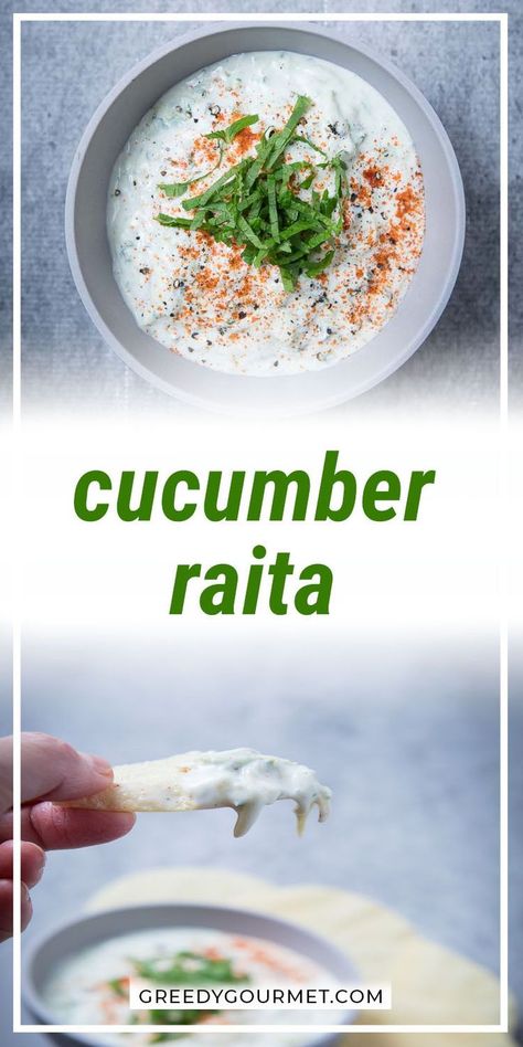 This easy homemade cucumber and yoghurt dip is a classic Indian side dish or starter that makes the perfect balance for other spicy Indian dishes. The cucumber is grated then mixed with yoghurt, garlic, cumin and seasoned with salt and pepper all done in just ten minutes. It's quick, easy and healthy! #cucumber #raita #cucumberraita #yoghurtdip #easyrecipes #quickrecipes #starterrecipes #sidedishrecipes #indianfood #indianrecipes #indiancuisine #healthyrecipes Indian Raita, Cucumber Raita, Indian Side Dishes, Vegetable Sticks, Indian Cookbook, Curry Spices, Cucumber Recipes, Dessert Toppings, Fresh Mint Leaves