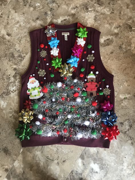 Last minute idea!  Grabbed a sweater vest from goodwill then used random Christmas stuff I already had! I even put in some candy cane battery operated lights in the tree. Diy Ugly Xmas Sweater, Ugly Christmas Sweater Vest, Christmas Sweater Vest, Ugly Xmas Sweater, Battery Operated Lights, Xmas Sweater, Christmas Stuff, Ugly Christmas, Battery Operated