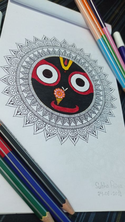 Jagannath Drawing Pencil Sketch, Madhubani Art Krishna, Kali Mata Drawing, Jagannath Drawing, Cute Drawings For Him, Sri Jagannath, Drawings For Him, Mandala Arts, Mandala Drawings