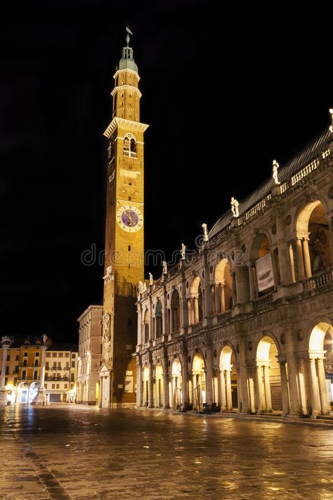 The Clock Tower Torre della Bissara in Vicenza, Italy. This is a night image of #Sponsored , #paid, #AD, #Torre, #Clock, #night, #della Dheo Tyler, Tartarian Architecture, Tower Tattoo, Italy Tourism, Vicenza Italy, Italy Photo, Vintage Poster Art, Northern Italy, Clock Tower