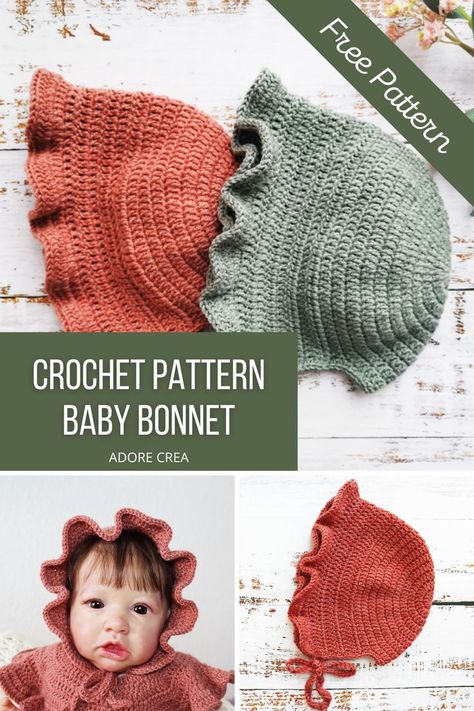 Free Crochet Pattern for cute ruffle crochet baby bonnet. The baby bonnet is made in soft baby merino, and it is very simple and easy to crochet. #crochetbabybonnet #crochetpatternforbaby #crochetbabyclothes #crochetforbaby #crochetbabyhat #crochetpatternforbeginners Baby Bonnet Pattern Free, Baby Bonnet Crochet Pattern, Crochet Baby Cap, Baby Hat Free Pattern, Baby Bonnet Pattern, Crochet Baby Projects, Crochet Newborn Hat, Crochet Baby Bonnet, Baby Headbands Crochet