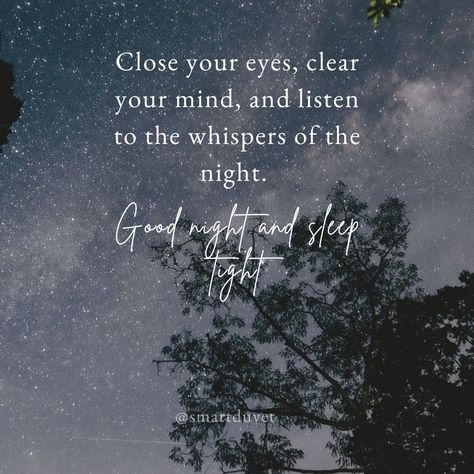 Close your eyes, clear your mind, and listen to the whispers of the night. Good night and sleep tight.

#sleepquotes #inspirationalquotes #sleep Ultimate Bedroom, Sleep Journal, Soft Sheets, Sleep Guide, Sleep Quotes, Healthy Sleep Habits, The Whispers, Bedroom Oasis, Adequate Sleep