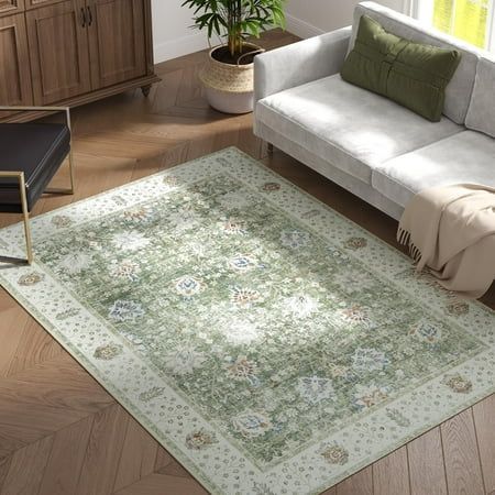 RUGKING vintage floral print area rug is an ideal choice for indoor decoration. A tonal take on beloved Farm-style designs, this rug boasts subdued shades of white and a range of neutrals, boasting understated greys and a range of neutrals. Floral patterns are the star of the show, with playful borders spanning the entire rug. This non slip rug is equally suitable for high traffic areas and only needs regular maintenance after good use. This floor cover is made of durable polypropylene amd witho Rug Ideas For Bedrooms, Green Bedroom Rug, Green And White Rug, Green Rug Bedroom, Green Rug Living Room, Small Rug Bedroom, Dorm Rug, Dorm Room Rugs, Green Rugs