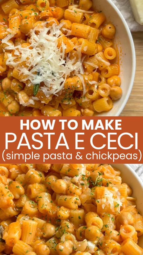 Pasta e Ceci (Pasta with Chickpeas) Recipe Pasta Simple Easy, Pasta And Ceci, Quick Lunch Pasta, Chickpeas With Pasta, Pasta Meals Vegetarian, Chickpea Supper Recipes, Pasta E Cece, Easy Pasta Lunch Recipes, Pasta E Ceci Soup