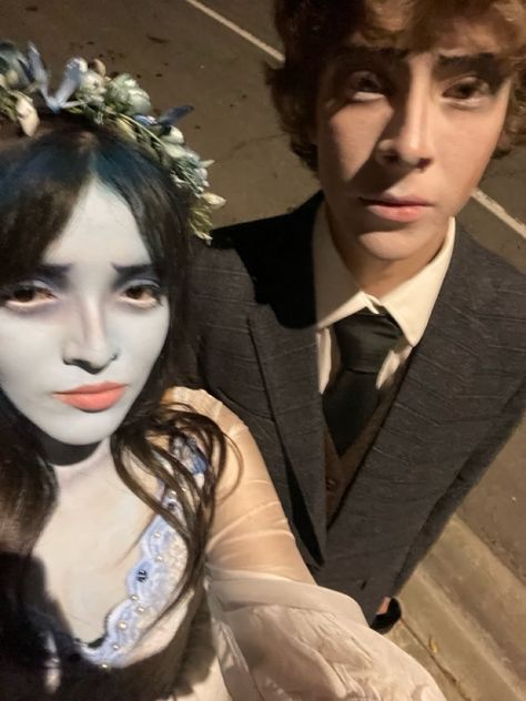 Corpse bride, couples costume, emily and victor,halloween costune, couple coatume idea Emily And Victor Halloween Costumes, Victor Makeup Corpse Bride, Victor Halloween Costume, Emily From Corpse Bride Costumes, Victor Van Dort Costume, Bride Couples Costume, Corpse Bride And Victor Costume, Emily And Victor Costume, Victor And Emily Costume