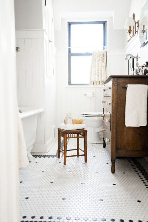 Hex Tile Floor, Tiny Powder Room, Hex Tile, Powder Room Makeover, Penny Tile, Cottage Bathroom, Modern Eclectic, Upstairs Bathrooms, Vintage Bathroom