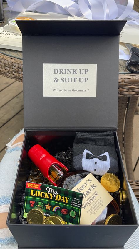 Groomsman purposal boxes Alcohol Groomsmen Proposal, Men Asking Groomsmen Be My Groomsman, More Groomsmen Than Bridesmaids, Grooms Proposal Boxes, How To Ask Guys To Be Groomsmen, Groomsman Box Ideas, Grooms Men Boxes, Groom Proposal Boxes, Groomsmen Thank You Gifts