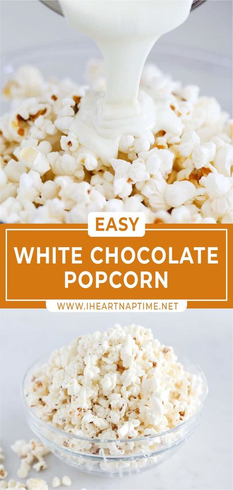 Sweet And Salty White Chocolate Popcorn, White Popcorn Recipe, White Chocolate Popcorn Halloween, White Chocolate Popcorn Christmas, Choc Covered Popcorn, White Choc Popcorn Recipe, Candied Popcorn Easy, Popcorn White Chocolate Recipes, White Chocolate Popcorn Mix Recipes