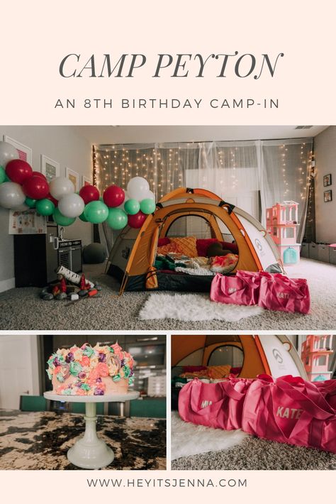 We took the campout in with this fun birthday camp-in party! Complete with a balloon garland and personalized camp duffel bags! Shop the post via the link and have you own sleepover camp-in. #campin #birthdayparty #birthdays #girlbirthdayidea #campparty #glamping #balloongarland #bohoglam Glamping Birthday Party Ideas Sleepover Indoor Camping, Camping Birthday Sleepover, Glamping Themed Birthday Party, Girls Glamping Birthday Party, Campout Birthday Party, Beauty Party Ideas, Glamping Birthday Party, Glamping Birthday, Tenth Birthday