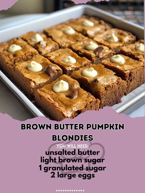 🍂🎃 Indulge in the warm flavors of fall with these Brown Butter Pumpkin Blondies! Perfect for cozy evenings at home. 🍁 Brown Butter Pumpkin Blondies Ingredients: - 1 cup unsalted butter - 1 cup light brown sugar (packed) - 1/2 cup granulated sugar - 2 large eggs - 1 tsp vanilla extract - 1 cup pumpkin puree - 2 cups all-purpose flour - 1 tsp baking powder - 1/2 tsp salt - 1 tsp ground cinnamon - 1/2 tsp ground nutmeg - 1/4 tsp ground cloves - 1/4 tsp ground ginger - 1 cup white chocolate chi... Brown Butter Pumpkin Blondies, 1 Cup Pumpkin Puree, Pumpkin Blondies, Ground Nutmeg, Ground Ginger, Brown Butter, Ground Cinnamon, Cookie Monster, Daily Meals