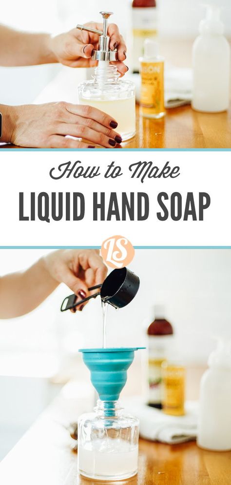 How to Make Liquid Hand Soap. Easy, simple ingredients! Make liquid hand soap or foaming hand soap with this same recipe. #handsoap #greencleaning #nontoxicsoap #homemadehandsoap #DIY #foaminghandsoap Diy Liquid Hand Soap With Essential Oils, Diy Thick Hand Soap, How To Make Hand Soap, Diy Hand Soap Castile, How To Make Liquid Soap, Liquid Soap Recipe, Diy Liquid Hand Soap, Clean Hand Soap, Liquid Hand Soap Recipe