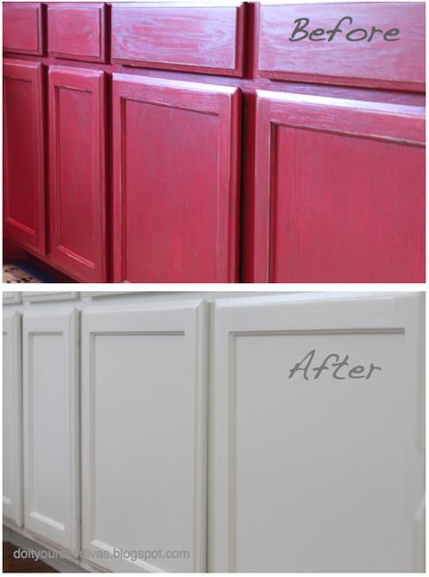 do it yourself divas: DIIY: How to Paint Over Red Painted Cabinets/Walls Red Kitchen Cabinets, Cabinets Painted, Painted Cabinets, Plywood Cabinets, New Kitchen Cabinets, Red Kitchen, Diy Cabinets, Built In Cabinets, Diy Paint