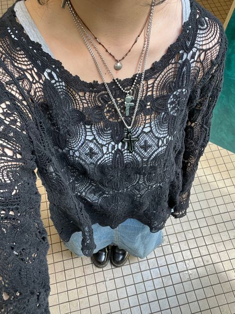 outfit inspo Nightgown Layering Outfit, Lace Clothes Aesthetic, Lace Top Outfit Aesthetic, Lace Outfits, Y2k Crochet, Crochet Top Outfit, Big Jewelry, Top Outfit, Fall Fits