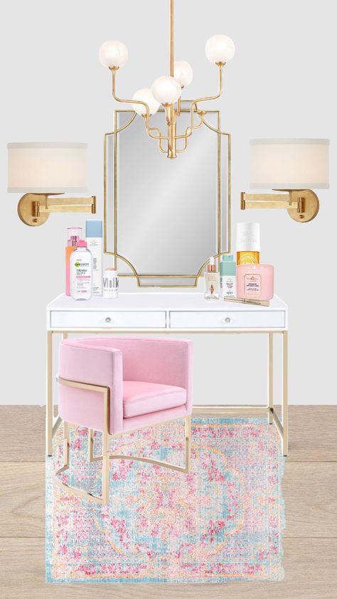 preppy vanity inspo!! #preppy #vanity #inspo #grwm #pink #blue Preppy Vanity, Vanity Inspo, College Dorm Room Inspiration, Room Wishlist, Shuffles Preppy, Dorm Room Styles, Pink Vanity, College Dorm Room Decor, Preppy Room Decor