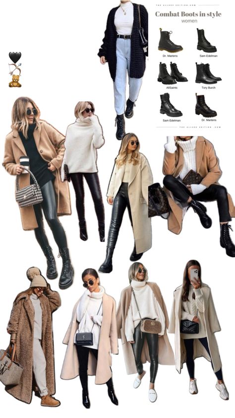 Leather leggings, cream sweaters, beige and brown dress coats, combat boots Outfits With Brown Combat Boots, Combat Boots Outfit Winter, Cream Sweaters, Combat Boot Outfit, Dress Coats, Brown Combat Boots, Winter Boots Outfits, Cream Coat, Closet Inspiration