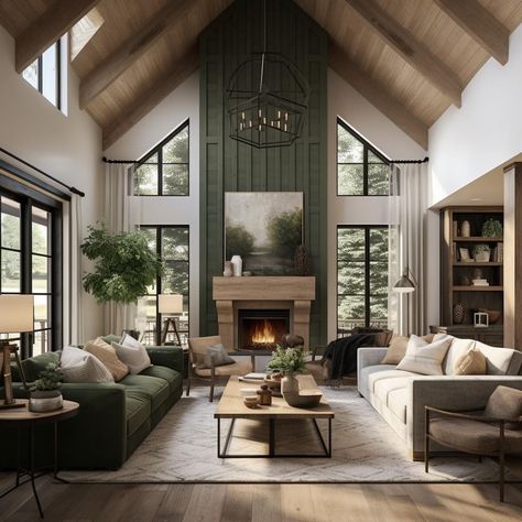 Modern Cabin Great Room, A Frame Living Room Fireplace, Amber Massey House, White Room Black Ceiling, Fireplace Surrounded By Windows, Fireplace Two Story Living Room, Living Room Designs White Walls, High Contrast Interior Design, Luxury Cozy Living Room