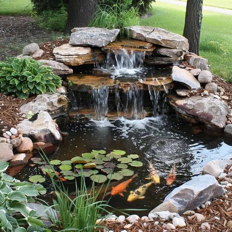 28 Stunning Koi Pond Waterfall Designs - Pond Informer Pond With Creek, Koi Garden Design, Cool Pond Ideas, Small Outdoor Pond With Waterfall, Backyard Waterfall Pond Ideas, River Rock Pond Backyard Waterfalls, Backyard Pond Ideas Small, Koi Pond Backyard Small, Small Pond With Waterfall Ideas