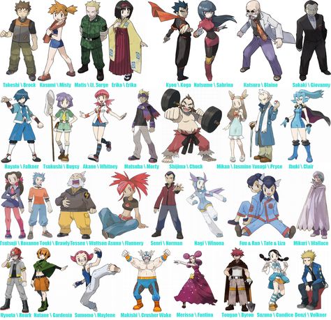 Pokemon Gyem Leaders (1-4 Gen). #pokemon #pokemonredgreenblue #rgb #pokemonrgb #pokemonyellow #pokemongs #goldsilver #gs #pokemonrs #rubysapphire #rs #pokemondp #diamonpeare #pokemondiamond #pokemonpearl #brock #misty #ltsurge #erika #natume #sabrina #blaine #giovanny #hayate #falkner #bugsy #whitney #akane #morty #chuck #jasmine #mikan #pryce #clair #ibuki #flannery #senri #norman #winona #nagi #tate #liza #fuu #ran #wallace #suzuna #candice #walkner #gymleader #gymleaders #gym #leader #japan Pokemon Falkner, Gym Leaders Pokemon, Pokemon Pearl, Pokemon Gym Leaders, Cartoon Superhero, Pokemon Gym, Pokémon Diamond, Pokemon Trainers, Pokemon Alola