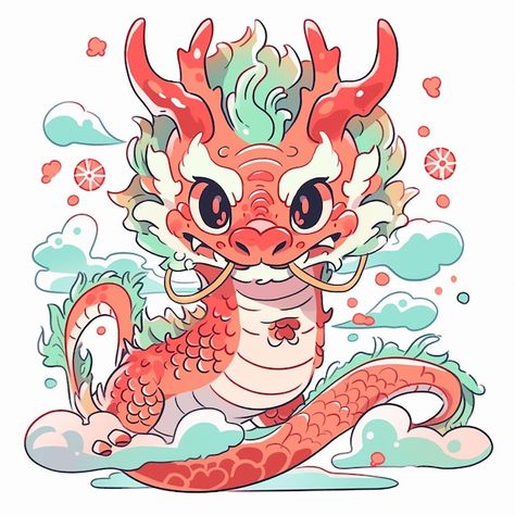 Cute cartoon red dragon Illustration on white background with clouds Dragon Cute Drawing, Cute Dragon Art, Sticker Moodboard, Dragon Line Drawing, Cute Chinese Dragon, Dragons Illustration, Chinese Dragon Illustration, Candy Dragon, Cloud Dragon