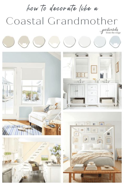 Coastal Grandmother Style Decor and Paint Colors - Postcards from the Ridge Grandmother Style, Bedroom Paint Ideas, Nantucket Style Homes, Coastal Paint Colors, Coastal Paint, Nantucket Style, Popular Paint Colors, Coastal Grandmother, Cottage Interior