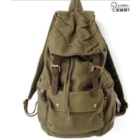 Green Retro Canvas Rucksack Backpack Bag Army Gym Work ❤ liked on Polyvore Green Canvas Backpack, Mochila Grunge, Army Rucksack, Rucksack Style, Canvas Rucksack Backpack, Canvas Laptop Bag, Retro Backpack, Backpack Accessories, Canvas Rucksack