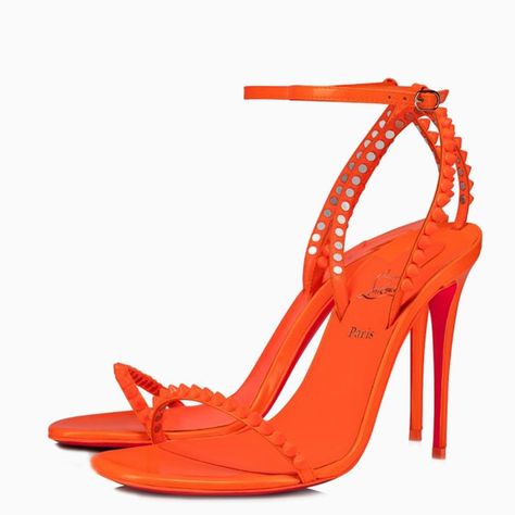 High sandals by Christian Louboutin fluo orange patent leather, featuring high stiletto heel, ankle strap with buckle closure, all-over spikes embellishment, framed with signature red and branded insole.Gender: WomenMaterial: 100% Leather / Leather soleColor: OrangeMade in: ITProduct ID: 1230581LE/M_LOUBO-O285*Import tax/duty will be calculated at checkout (If applicable) Red Bottom Heels, Orange Tone, High Sandals, Orange Style, Orange Neon, Ankle Strap Sandals Heels, Orange Shoes, So Me, Red Bottoms