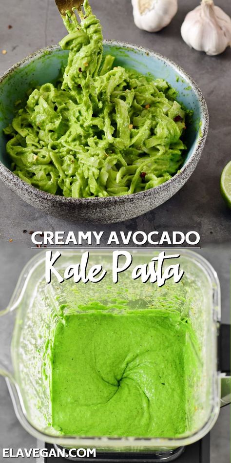 This creamy avocado kale pasta is easy to make and nutrient-dense- perfect for a healthy mid-week meal. Best of all, this green pasta can be made in under 20 minutes and is dairy-free, oil-free, and packed with health-boosting veggies! Noodle Party, Keto Truffles, Green Pasta Sauce, Pasta Green, Avocado Sauce Pasta, Ella Vegan, Veg Pasta, Green Sauce Recipe, Creamy Kale