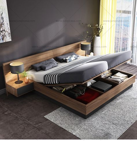 Rustic Bedframe, Wooden Bed With Storage, Modern Bedroom Furniture Sets, Loft Style Homes, Bed Designs With Storage, Simple Bed Designs, Tatami Bed, Double Bedding Sets, Minimalist Bed