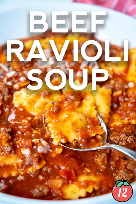 Almost as quick as the can, but so much more delicious! Beef Ravioli Soup, Ravioli Soup Recipe, Beef Ravioli, Ravioli Soup, Soup Recipe Easy, Tomatoes Recipes, 12 Tomatoes Recipes, Comfort Soup Recipes, Quick And Easy Soup