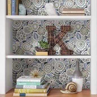 Pantry Wallpaper, Wallpaper Bookshelf, Shelf Decor Living Room, House Products, Wallpaper Shelves, Wall Niche, Botanical Wallpaper, Blue Vinyl, Dream On