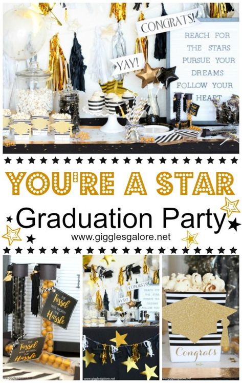 DIY Black and Gold Graduation Party Decor Ideas Star Graduation Theme, Adult Party Ideas, Outdoor Graduation Parties, Outdoor Graduation, Gold Graduation Party, Creative Party Ideas, Graduation Party Themes, College Graduation Parties, High School Graduation Party