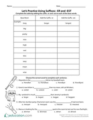 Fifth Grade Reading & Writing Worksheets: Let's Practice Using Suffixes: -er and -est Suffixes Er And Est, Er Est Worksheet, Suffix Er And Est, Adjectives Exercises, Er Words, Suffixes Worksheets, Word Structure, Adjective Worksheet, High School Lesson Plans