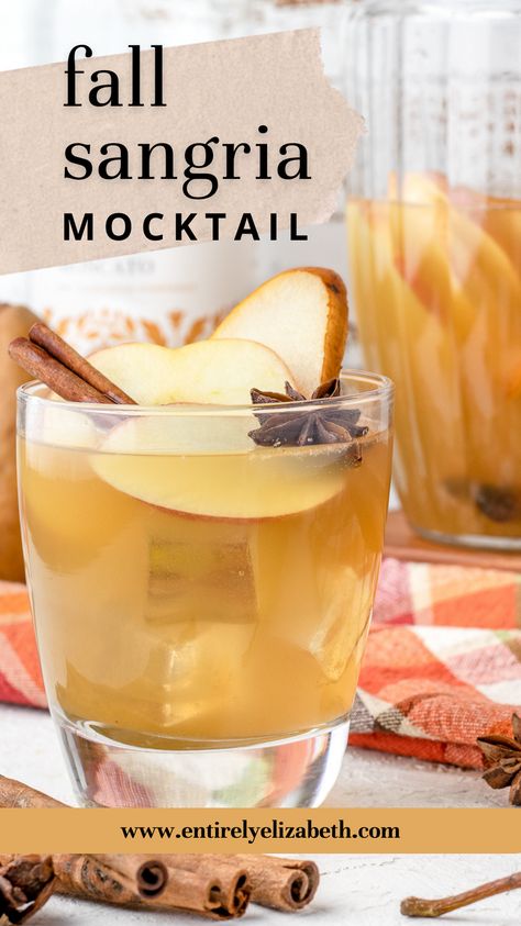 Paleo Fall Drinks, Apple Cider Ginger Beer Mocktail, Fall Sangria Non Alcoholic, Non Alcoholic Sangria Fall, White Russian Mocktail Recipe, Apple Cider Sangria Mocktail, Fall Inspired Mock Tails, Apple Mocktail Non Alcoholic, Fall Sangria Mocktail