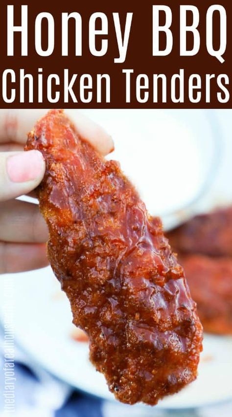 Honey BBQ Chicken Tenders • The Diary of a Real Housewife Chicken Tender Recipes Bbq, Crispy Honey Bbq Chicken Tenders, Honey Bbq Tenders, Bbq Chicken Tenderloin Recipes, Baked Honey Barbeque Chicken, Bbq Chicken Fingers, Fried Bbq Chicken Tenders, Honey Barbecue Chicken Tenders, Bbq Chicken Tender Recipes