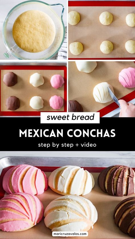 Learn how to make Mexican conchas bread, a soft and sweet treat perfect to enjoy with coffee, milk, or hot chocolate. Concha pan dulce is easy to make at home and better than the one you can find at any panadería. #mexicanbread #conchasreceta Mexican Conchas, Mexican Sweets, Mexikansk Mat, Mexican Pastries, Smores Dessert, Mexican Sweet Breads, Mexican Bread, Coconut Dessert, Potluck Desserts