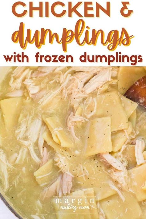 Learn how to use frozen dumplings (such as Reames or Mary B's) to make the best, southern style chicken and dumplings! They taste just like Cracker Barrel, and they're so simple to make. Chicken And Dumplings Crockpot With Frozen Dumplings, Chicken And Frozen Dumplings Recipe, Easy Chicken And Frozen Dumplings, Mary B Dumplings Chicken Recipes, Mary B’s Dumplings Recipe, Chicken Dumpling Soup With Frozen Dumplings, Simple Crockpot Chicken And Dumplings, Chicken And Dumplings With Pre Made Dumplings, Easy Chicken And Dumplings With Frozen Dumplings