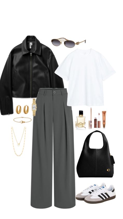 Casual outfit idea, spring outfit, fall outfit, adidas samba, grey wide leg pants, leather jacket, coach handbag, golden jewells, YSL, charlotte tillbury, fashion inspiration
#ad #sponsored #affiliate 
Jacket - https://amzn.to/49PfHB4
Pants - https://amzn.to/3Uz3AUw
T-shirt - https://amzn.to/4aTQRBy
Shoes - https://amzn.to/3W8iylv
Sunglasses - https://amzn.to/44fmQJH
Bag - 
Accessories - Leather Moto Jacket Outfit, Grey Wide Leg Pants, Jacket Coach, Biker Jacket Outfit, Charlotte Tillbury, Moto Jacket Outfit, Coach Outfits, Casual Outfit Idea, Outfit Adidas