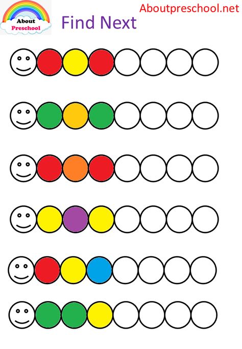 An activity that will contribute to your children’s cognitive development. Find and paint next color. What Comes Next Pattern Worksheet, Math For Preschoolers Activities, Pattern Preschool Activities, Patterns Activities Preschool, Same Or Different Preschool Worksheets, Patterns In Kindergarten, Math Patterns Activities, Patterns Preschool, Preschool Pattern Worksheets