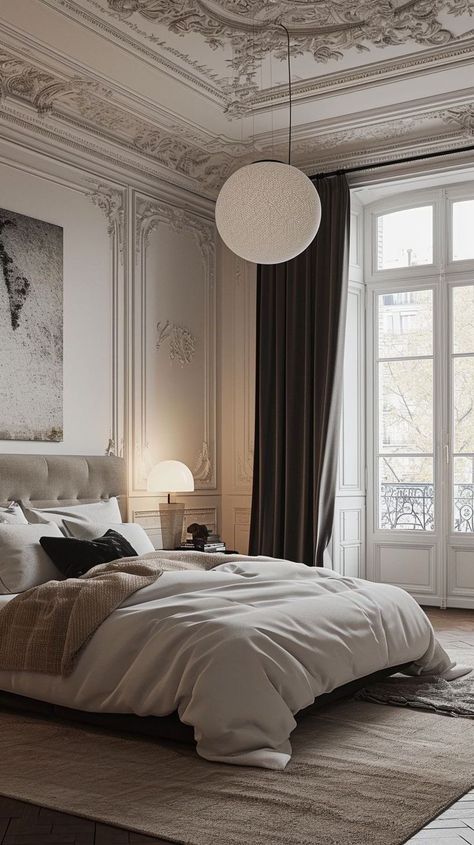 Bedroom Pinboard, Parisian Interior Bedroom, Paris Bedroom Aesthetic, White Classic Bedroom, Parisian Bedroom Aesthetic, French Contemporary Bedroom, Parisian Interior Style, Budapest Apartment, Parisian Style Bedroom