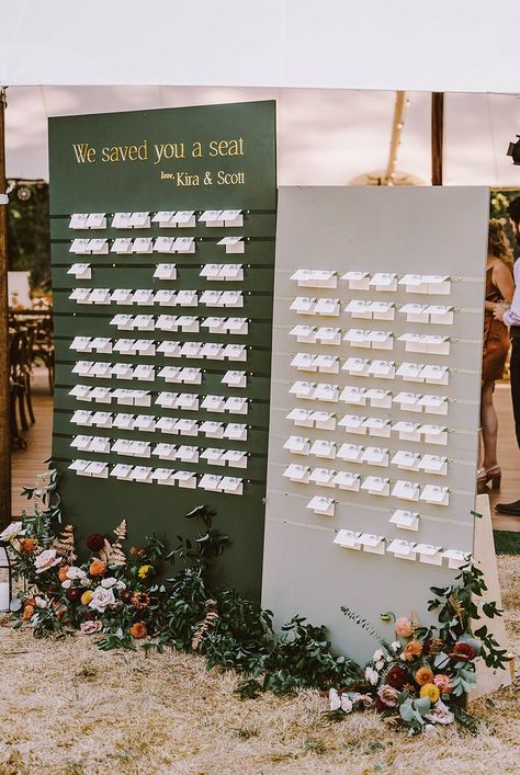 A wedding seating chart with escort cards and a floral installation for this stunning summer wedding just outside of Seattle. Photo by Seattle Wedding Photographers Jenn Tai & Co. @jenntaiandco Seating Chart Bells, Wedding Seating Chart Cricut, Wedding Seating Chart Ideas By Last Name, Seat Placement Wedding, Funny Seating Chart Wedding, Seating For Wedding Reception, Matches Seating Chart, 3 Panel Seating Chart, Wedding Seating Chart Inspiration