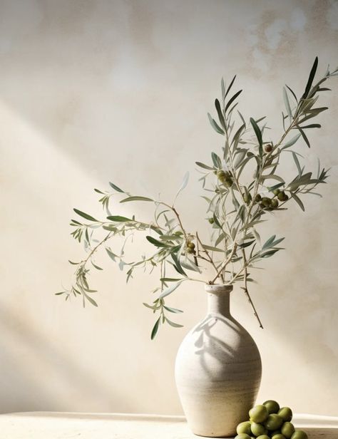 Olive Branch Home Decor, Olive Branch Simple, Beige Soft Aesthetic, Olive Tree Aesthetic, Olives Aesthetic, Olive Aesthetic, Natural Vase, Vase With Branches, Nature Motifs