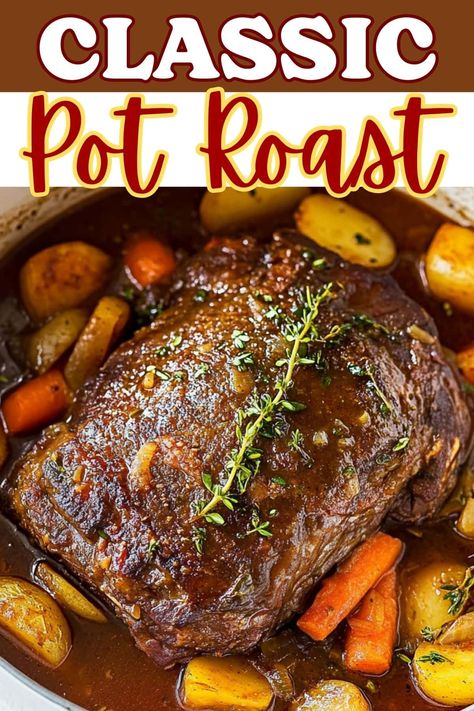 This classic pot roast is a guaranteed crowd-pleaser! Cooked low and slow in a Dutch oven, it's served with veggies, potatoes, and a delicious gravy. Cooking For My Soul Dutch Oven Pot Roast, Pot Roast Dutch Oven Recipes Easy, Baked Pot Roast Oven, Roast In Oven Recipe How To Cook, Beef Pot Roast Dutch Oven, How To Cook Roast Beef In Oven, Classic Pot Roast In The Oven, Cooking A Roast In The Oven, Pot Roast Recipes Dutch Oven