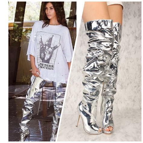 Liliana Slouchy Metallic Patent Peep Toe Thigh High Boots Silver Thigh High Boots Outfit, Silver Boots Outfit Black Women, Thigh High Boots Outfit Baddie, Silver Boots Outfit, Slouchy Boots Outfit, How To Wear Thigh High Boots, Thigh High Boots Outfit, Bbq Outfits, Dolls Kill Shoes