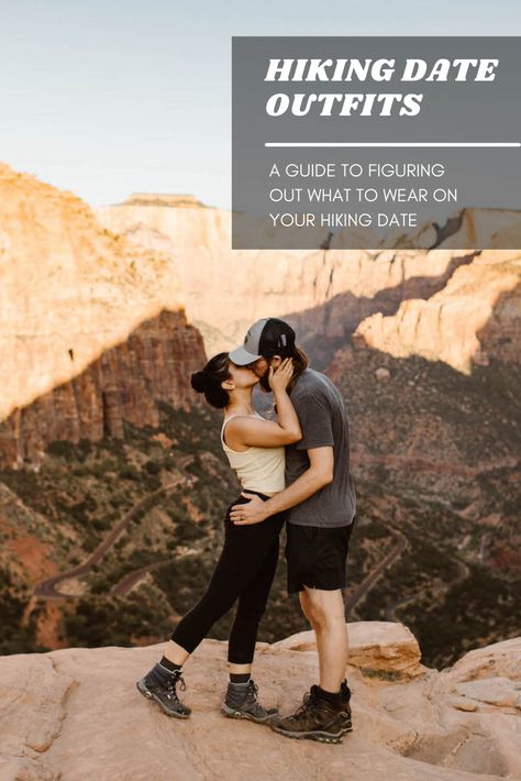 Couple wearing a hiking date outfit that works well during hotter summer months Couples Hiking Outfit, Hiking Proposal Outfit, Outdoor Date Outfit, Hiking Date Outfit Summer, Hiking Date Outfit, Hiking Date, Hiking Engagement Photos, Hiking Summer, A Short Hike