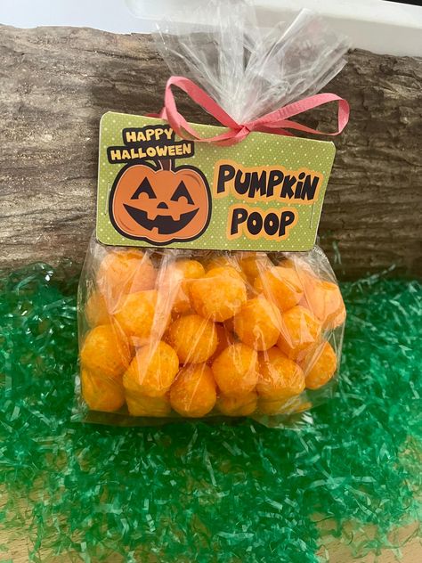 Spooky spooky Halloween Gifts for friends , family , classmates.  Super cute treat bag Pumpkin Poop with cheese balls inside.  Listing is for 1 bag with:  - 2oz. Cheese balls in clear bag -cute tag Pumpkin Poop ( you can add private message on the back )  If you want to you can personalized the tag 😊 Listing is for 1 Pumpkin Poop treat bag and you can buy as many as you need.  Super cute non candy (no chocolate) treat bag for kids, friends, family, classmates and much more.  Check my other list Halloween Class Treats Preschool, Halloween Treats Small Business, Holloween Treats For Kids, Halloween Party Gifts For Kids, Halloween Work Gifts, Halloween Treat From Teacher, Halloween Class Treats For Kids, Halloween Smores Treat Bags, Halloween Classroom Treats For Kids