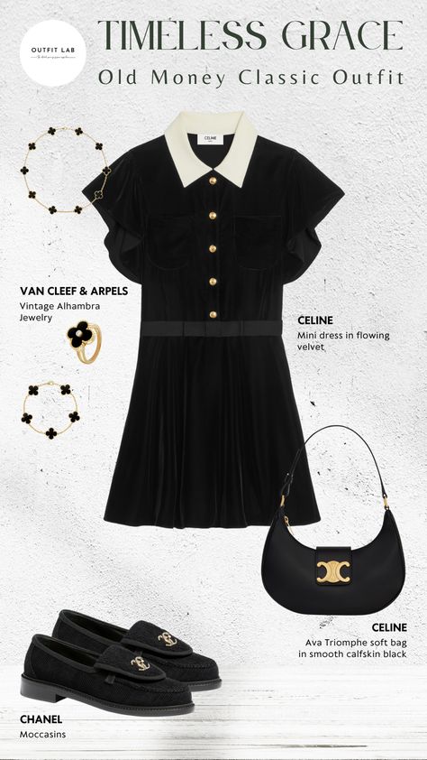 This outfit exudes refined sophistication, featuring a flowing velvet mini dress by Celine complemented by the iconic Ava bag. The look is completed with classic Chanel moccasins and Van Cleef & Arpels' timeless jewelry from the Vintage Alhambra Collection! #SophisticatedStyleClassy #ClassyLooksForWomen #ElegantCasualOutfitSummerClassy #SummerOutfits #ClassicChicOutfits #OldMoneyOutfits #OldMoneyStyle #WealthyWomenStyle #OldMoneyClothes Classic Chanel Dress, Chanel Casual Dress, Chanel Casual Outfit Women, Celine Outfits Women, Celine Outfit Style, Chanel Dress Casual, Chanel Moccasins, Chanel Mini Dress, Celine Clothes