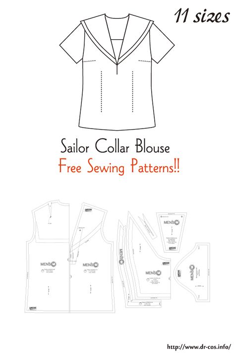 This is the pattern of a Sailor Collar Blouse.   inch size(letter size) Children's-4,8,10/Ladies'-S,M,L,LL/Men's-S,M,L,LL   cm size(A4 size) Children's-100,120,140/Ladies'-S,M,L,LL/Men's-S,M,L,LL Sailor Uniform Pattern, Poet Shirt Pattern Free, Sailor Collar Pattern, Collars Pattern, Collar Blouse Pattern, Sailor Collar Blouse, Hat Sewing Pattern, Shirt Collar Pattern, Japanese Sewing Patterns