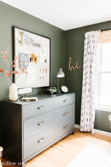 Feb 22, 2021 - I'm super excited to be sharing this fun boys bunk room reveal with you guys tonight! I have four daughters, so I'm surrounded by pink and flowers allll of the time. I absolutely adored the chance to tap into some masculine energy on this project. My clients wanted a space for their toddler that wo All Green Room, Green Toddler Room Boy, Little Boys Bedroom Toddler, Green Kids Room, Boys Bedroom Green, Boys Room Colors, Green Boys Room, Green Baby Room, Ideas Habitaciones