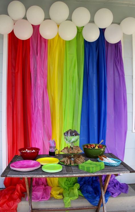 Trolls party backdrop made from plastic tablecloths *more pics in blog post - follow link* Outdoor Backdrop Ideas Birthday, Plastic Tablecloth Backdrop, Tablecloth Backdrop, Summer Kids Party, Rainbow Themed Birthday Party, Rainbow Backdrop, Birthday Decorations At Home, Trolls Party, Backdrops Kids