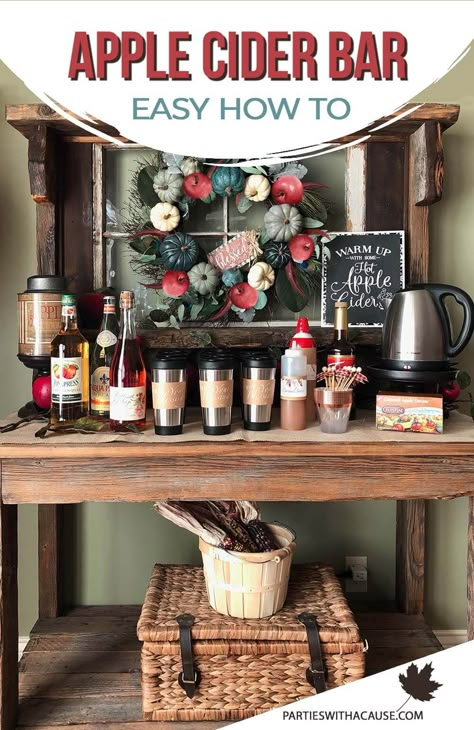 Fall Grand Opening Ideas, Hot Apple Cider Bar Wedding, Apple Tasting Party, How To Serve Hot Apple Cider At A Party, Hot Apple Cider Serving Ideas, Hot Cider Bar Wedding, Hot Apple Cider Bar Ideas Fall, Hot Chocolate And Apple Cider Bar, Autumn Hot Cocoa Bar